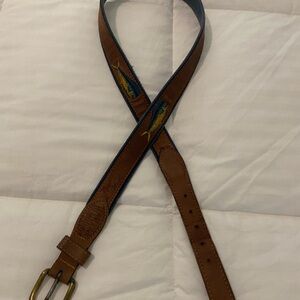 Zeppelin Men's 40 Brown Leather and Blue Canvas Belt with Blue Fish Accent